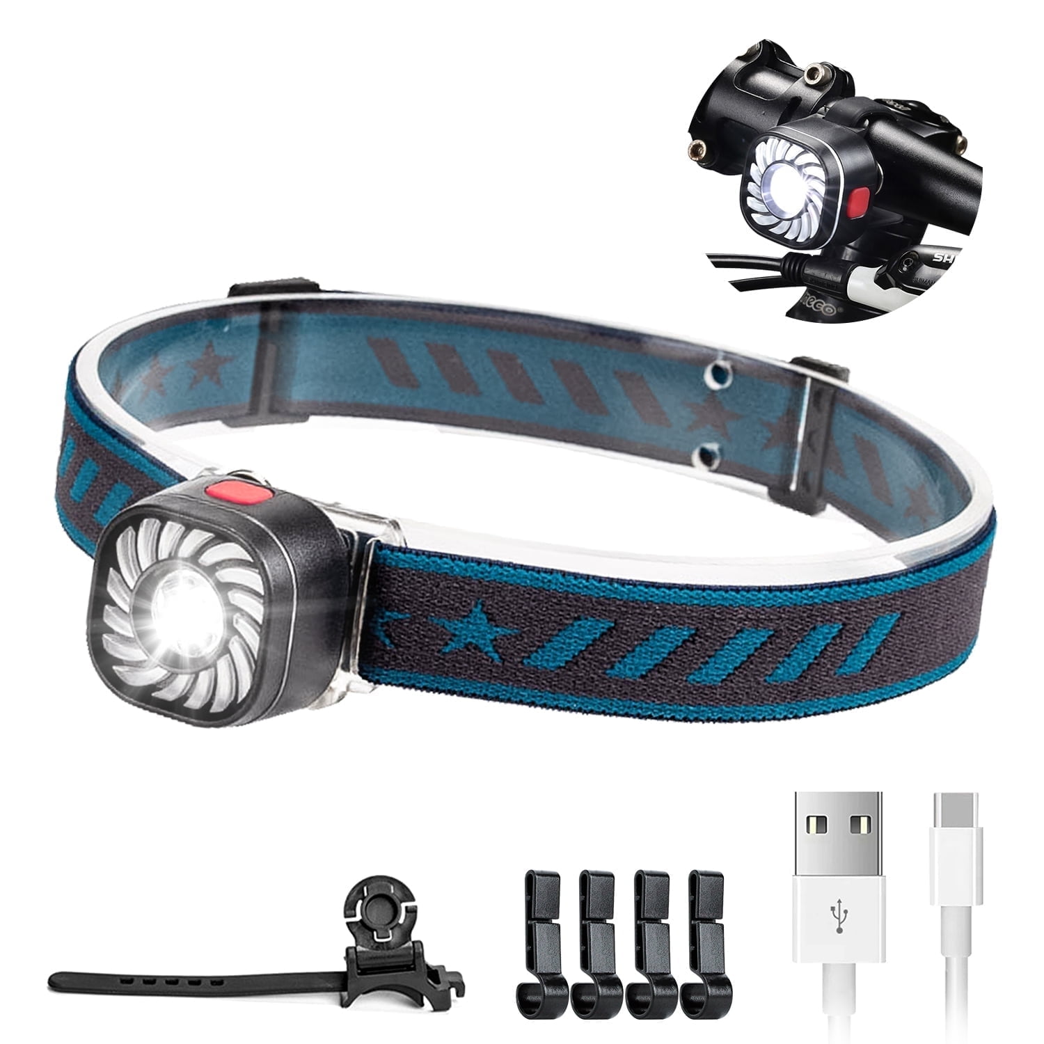 LED Rechargeable Headlamp for Adults, 1oz Lightweight Head Lamp with Red Light and 7 Modes, Bike Taillight with Bicycle Bracket and 4 Hooks, Waterproof Headlight for Running Cycling Reading